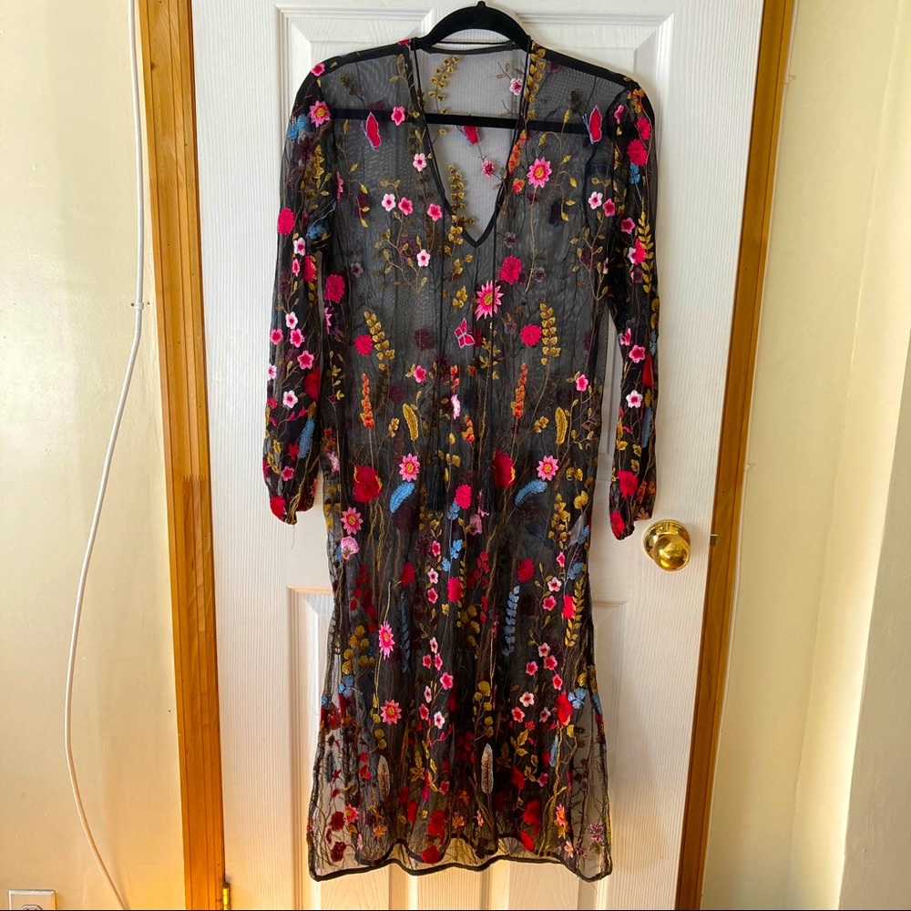 Embroidered Black Mesh Tulle Floral Boho Dress